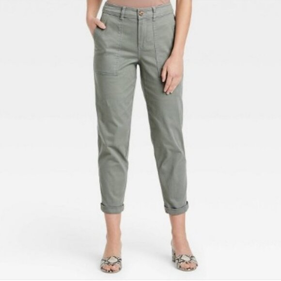A New Day High Waisted Utility Sage Olive Green Tapered Leg Pants Trousers 8 Tan - Picture 1 of 11